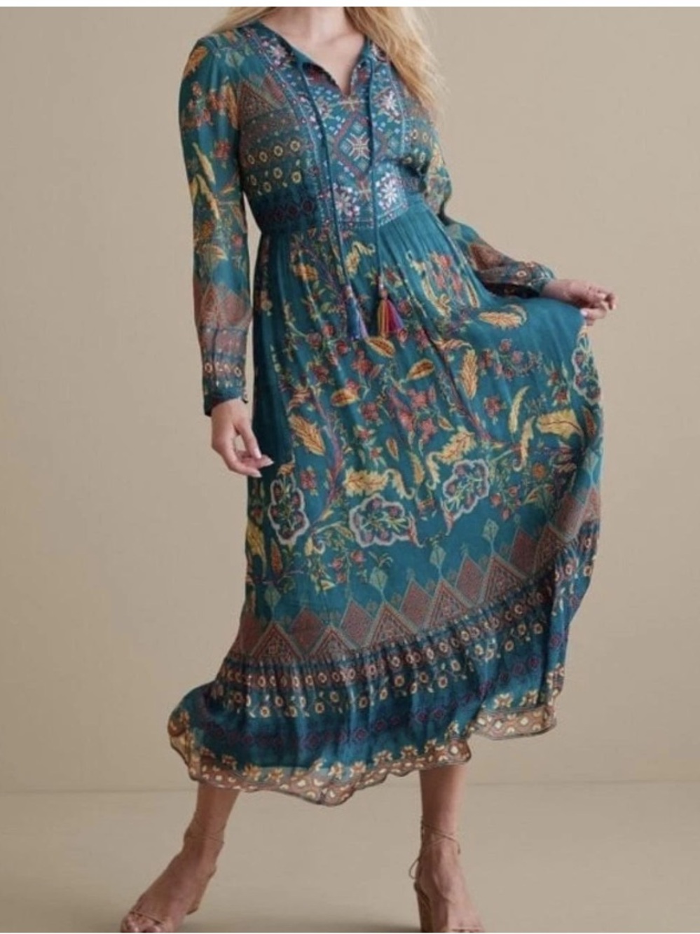 Soft Surrounding Mirapani Boho Longsleeve Maxi Dress Rayon Size 2XL embroidered